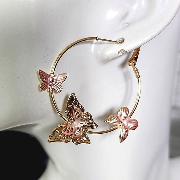 Gold Filled Butterfly Hoop Earrings New - Picture 3 of 8